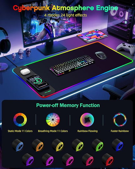 3-in-1 RGB Gaming Mouse Pad with Magnetic Wireless Charging, 31.5"x15.8" Large, 24 Light Effects, Non-Slip Base, Waterproof Ultra-Smooth Surface, with Adapter