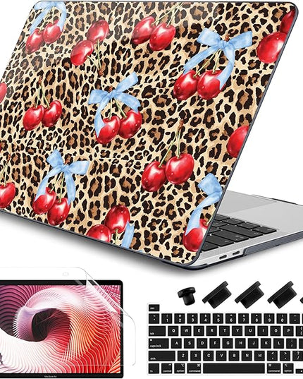 DONGKE Compatible with MacBook Pro 13 inch Case 2024 2023-2020 Release A2338 M2/M1 A2251 A2289 with Retina Display & Touch ID, Plastic Hard Shell & Keyboard Cover & Screen Film - Cherry & Leopard