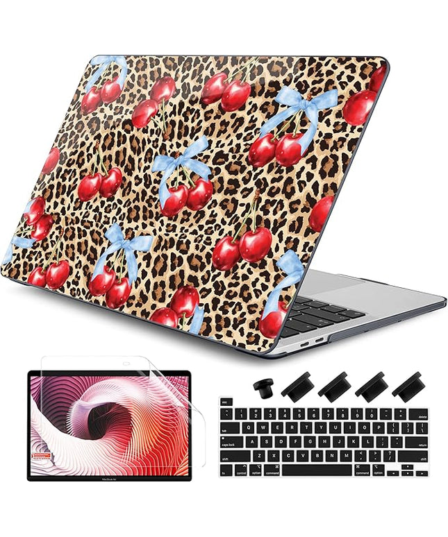 DONGKE Compatible with MacBook Pro 13 inch Case 2024 2023-2020 Release A2338 M2/M1 A2251 A2289 with Retina Display & Touch ID, Plastic Hard Shell & Keyboard Cover & Screen Film - Cherry & Leopard