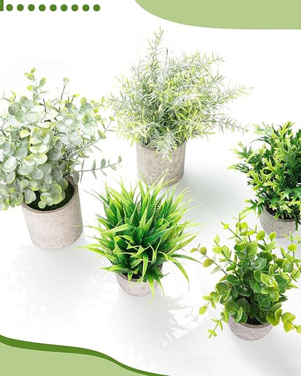 Fake Plants,5Pack Mini Potted Artificial Plant Small Faux Plant Indoor Outdoor for Home Decor,Eucalyptus Greenery Plastic Fake Green Grass Plants for Office Bathroom Shelf Farmhouse Coffee Table Decor
