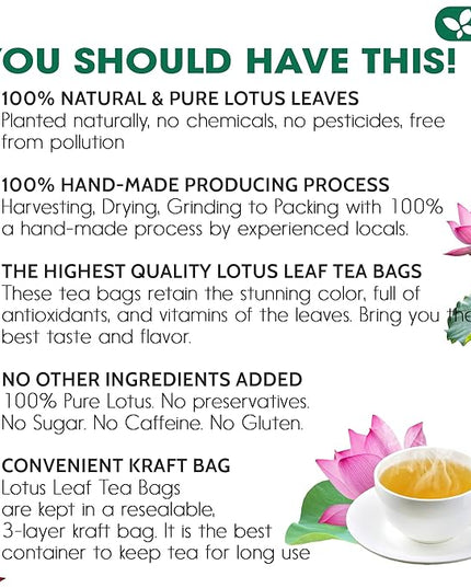 FreshDrinkUS, Premium 75 Lotus Leaf Tea Bags, 100% Natural & Pure from Lotus Leaves. Loose Leaf Lotus Herbal Tea. Made with Eco-Conscious Tea Bags. No Sugar, No Caffeine, No Gluten, Vegan.
