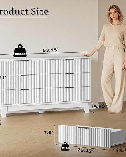 BORNOON 53" Long Dresser for Bedroom, 6-Drawer Dresser with Fluted Fronts, Wide Wood Chest of Drawers, Smooth Metal Slides, Stable Base, Modern Clothes Storage Cabinet for Living Room, Hallway