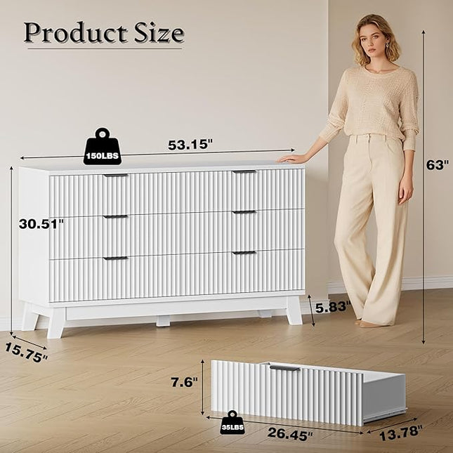 BORNOON 53" Long Dresser for Bedroom, 6-Drawer Dresser with Fluted Fronts, Wide Wood Chest of Drawers, Smooth Metal Slides, Stable Base, Modern Clothes Storage Cabinet for Living Room, Hallway