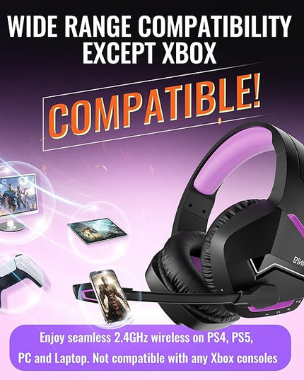BINNUNE 2.4GHz Wireless Gaming Headset, Bluetooth 5.3 Gaming Headphones with Noise Canceling Mic, 120H Ultra-Long Battery, 50mm Drivers, Multi-Platform for PC / PS5 /PS4/ Switch/Mobile, Purple