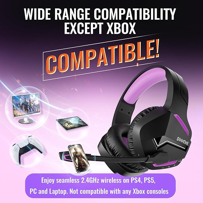 BINNUNE 2.4GHz Wireless Gaming Headset, Bluetooth 5.3 Gaming Headphones with Noise Canceling Mic, 120H Ultra-Long Battery, 50mm Drivers, Multi-Platform for PC / PS5 /PS4/ Switch/Mobile, Purple