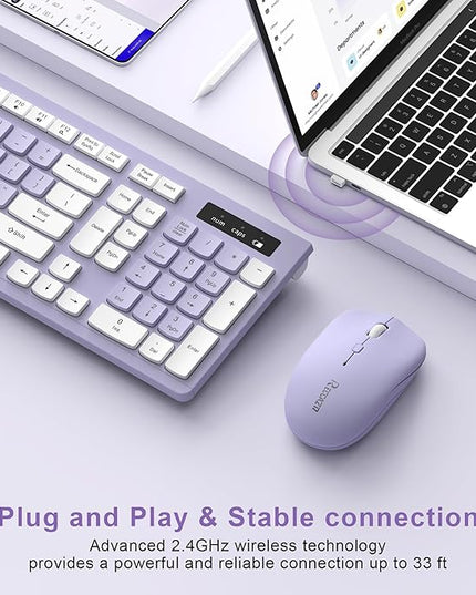 Wireless Keyboard and Mouse Combo, Full-Sized Wireless Keyboard and Adjustable DPI Mouse, 2.4GHz USB Receiver, Silent Keyboard and Mouse for PC, Windows, MAC, Desktop, Laptop(Purple)