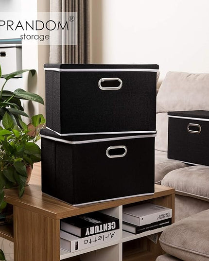 PRANDOM Large Foldable Storage Boxes with Lids [5-Pack] Organizer Containers Baskets Cube with Cover for Home Bedroom Closet Office Black17.7x11.8x11.8 For 6+ Year Old Boys and Girls