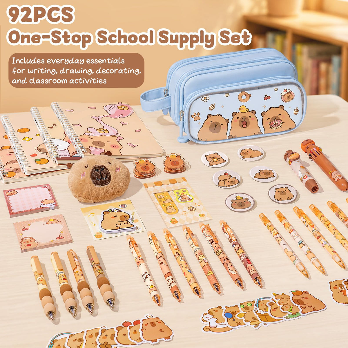 Similove Capybara Stationery Set 92 Pcs, Kawaii Back to School Supply Bundle with Pencil Case, Notebooks, Pens and Stickers, Cute School Supplies for Kids Girls, Kindergarten Elementary Gifts