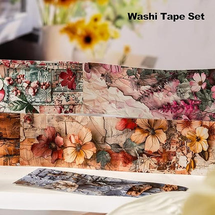 AuriicLeaf Vintage Floral Washi Tape Set – 6 Rolls, 2M Non-Repeating Flower Collage Designs, Decorative Craft Tape for Scrapbooking, Journals, Planners with Accessory Clip Included