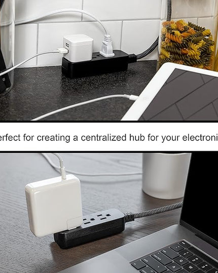 GE 3-Outlet Power Strip Mini Extension Cord with Multiple Outlets 5 Inch Braided Short Cord Extension Cord Grounded Flat Plug UL Listed Black 45191