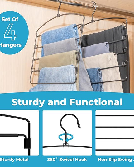 Fontaines Luxury 5 Tier Pants Hangers 4 Pack - Ultra Slim & Space Saving - Heavy Duty Metal Swivel Hook with Swing Arm for Clothing, Jeans, Slacks, Skirts, Leggings & Dress Pant Closet Organization