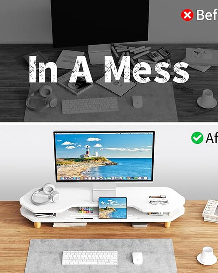 2 Tier White Dual Monitor Stand Riser,Wider Board Computer Monitor Stand for 2 Monitors,Slot For Phone/Tablet Office Desktop Organizer for Laptop,PC,Computer,Printer,White