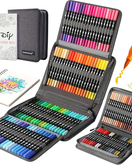 nobrand 120 Colors Duo Tip Brush Markers Art Pen Set,LANRENWENG Fine Brush Tip Colored Pens Set with Canvas Bag,Markers for Adult Coloring Books Drawing Sketching Note taking Lettering Calligraphy