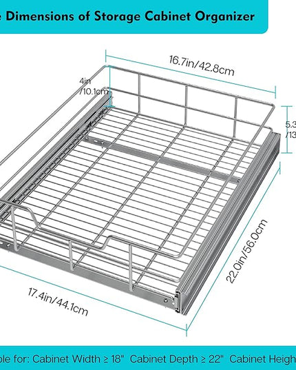 Pull Out Cabinet Organizer 17" W X 22" D, Slide Out Drawers For Kitchen Organizers and Storage, Pull Out Drawers For Cabinets Capacity Heavy Duty Caddy, Cabinet Shelves Chrome-Plated, Bathroom Pantry