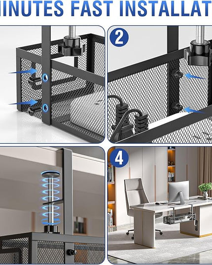Under Desk Cable Management Tray - GZOKMOG No Drill Cord Organizer with Clamp, Reinforced Metal Mesh Workspace Organizers for Wire, Office Desk Accessories, 2 Pack Black, 15.75 inch