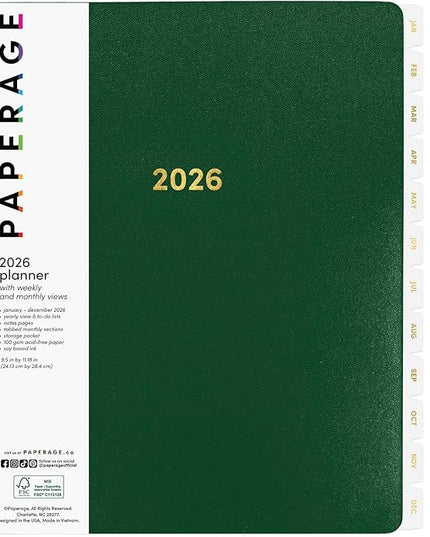 PAPERAGE 2026 Weekly & Monthly Planner, 12 Months (January 2026 - December 2026), 9.2 in x 11.2 in, Spiral Bound 2026 Planner with Weekly, Monthly & Yearly Views, Note Pages & Inner Pocket – Dark Green