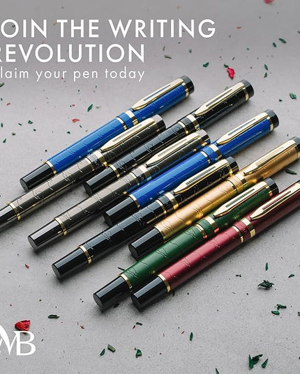 Wordsworth & Black Primori Fountain Pen Set - Blue Gold, Medium Nib, Gift Case, 24 Ink Cartridges, Refill Converter, Manual, Smooth Writing, Left & Right Handed