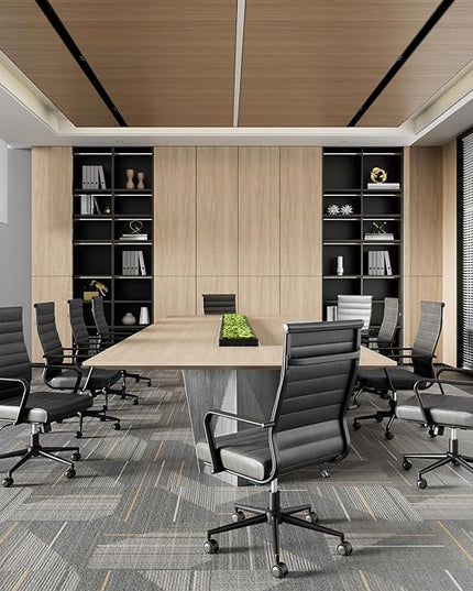 Okeysen Genuine Leather Office Desk Chair, Mid-Century Modern Real Leather Conference Room Chairs, Ergonomic Executive Ribbed Height Adjustable Swivel Rolling Chair for Home Office.