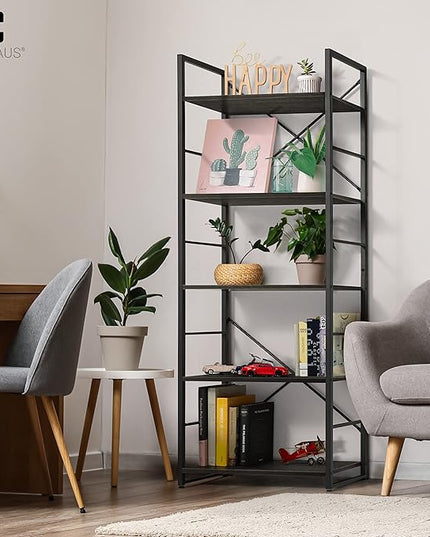 CAPHAUS 5 Tier Bookshelf, 24 Inch Width Free Standing Shelf, Bookcase Shelf Storage Organizer, Industrial Book Shelves for Home Office, Living Room, Kitchen, Black Vintage Shelves & Metal Frame