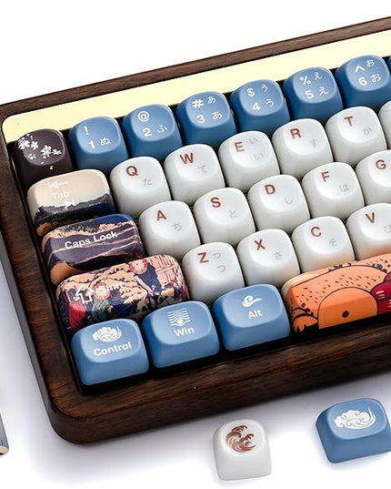 OHY XVX MOA Profile Keycaps Set, Japanese Mount FujiTheme 132 - Key White & Blue Custom Keycaps with PBT + Frosted Translucent PC Material for ANSI Layout Mechanical Keyboards- - Musashi Senju