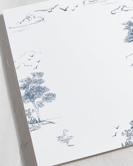 Minted Lake Side Toile Stationery Set, Set of 10 Flat Note Cards & Envelopes for Invitiations and Handwritten Thank You Messages, Toile Design, Lake & Forest Scene, Gifts for Women, Luxurious Paper