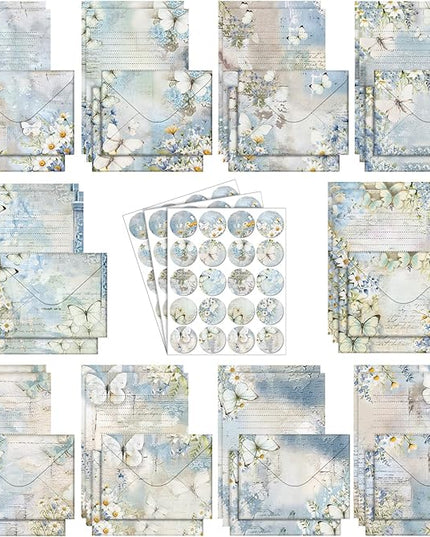 TaoBary 160 Pcs Stationery Paper Set 50 Double Sided Stationery Papers with 50 Matching Envelopes and 60 Round Dot Sticker, 10 Design (Serenity Junk,8.25 x 5.5 Inch)