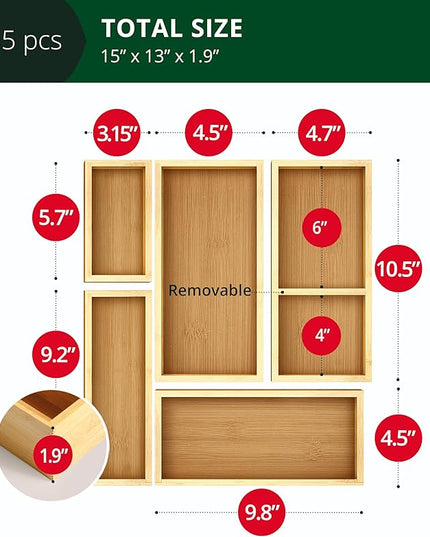 ROYAL CRAFT WOOD 5-Piece Bamboo Drawer Organizer Set – Multi-Use Storage Trays for Kitchen, Bathroom, Office, Makeup, Jewelry & More – Junk Drawer Tray, Utensil Holder, Storage Box & Bin Set (5 Boxes)