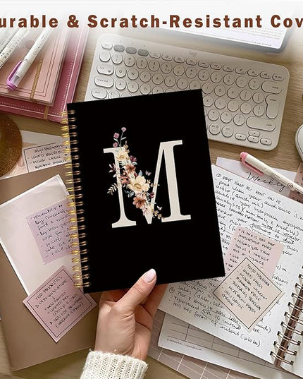 Lacama Cute Initial Letter M School Notebook Journal, Aesthetic Wildflower Personalized Black Spiral Notebook, School Supplies, Customized Monogrammed Gifts, Birthday Gifts for Women, Office Supplies