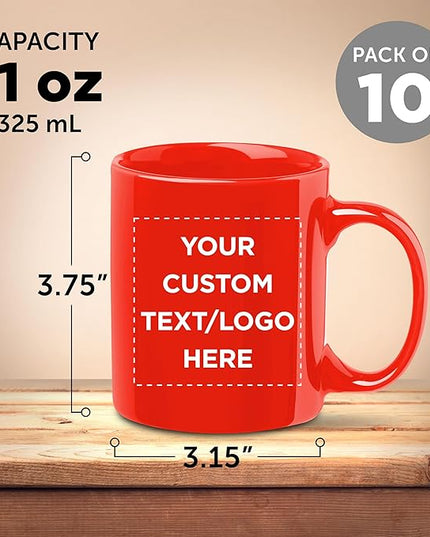 Custom Ceramic Coffee Mugs 11 oz. Set of 10, Personalized Bulk Pack - Coffee cup set, Iced coffee cup, Gaming mug - Red