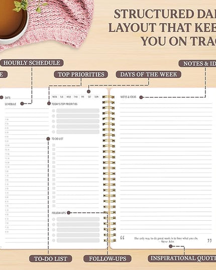 Decorably 168 Pages Daily Planner Undated Notebook with Hourly Schedule - 6.3x9.3in Gold Spring-Bound, with Top Priorities, to-dos, Notes, Ideas & Inspirational Quotes - Home, School, Office