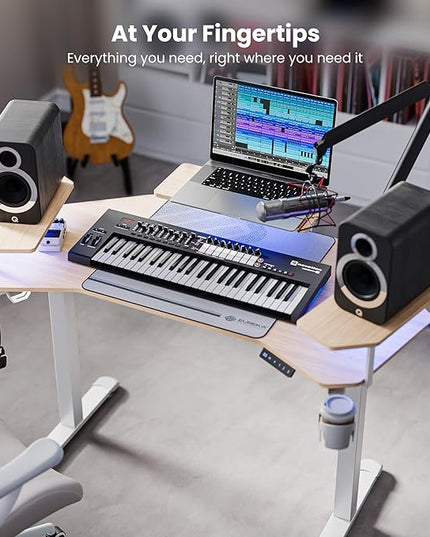 EUREKA ERGONOMIC Aero 55 Inch W Shaped Electric Standing Desk, Height Adjustable Computer Gaming Desk with LED Monitor Shelf, Mouse Pad, Headphone Hook, Cup Holder, Natural Maple