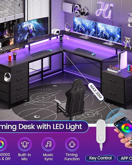SEDETA L Shaped Desk with 6 Drawer, 108" Home Office Desk with File Drawer & Power Outlet, Corner Computer Desk with Monitor Shelf, File Cabinet, Two Person Desk, Gaming Desk with Led Lights, Black