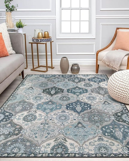 Lahome Moroccan Machine Washable Area Rugs, 4x6 Rug for Living Room Bedroom, Soft Non-Slip Rug Vintage Trellis Ultra-Thin Throw Carpet for Dining Room Office, Blue