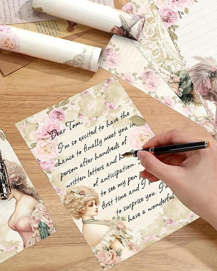 Supervitae 120 Pack Victorian Floral Stationery Paper, 8.27 x 5.51 Inch Double Sided Printing with Rose Border, Vintage Classical Stationery Letter Sheets for Writing Printing Crafts, 6 Designs