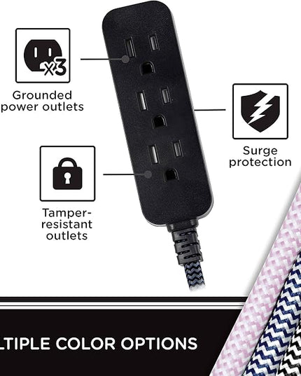 Cordinate 3 Outlet Power Strip Indoor Extension Cord 16 Gauge 10 Ft 3 Prong Braided Extension Cords Flat Extension Cord ETL Listed Black 42024