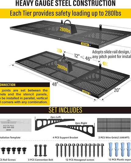 2-Pack 1.64x4ft Adjustable Garage Wall Shelving 560lbs Load Capacity Heavy Duty Wall Mounted Storage Shelf Metal Floating Shelves for Garage(Black)