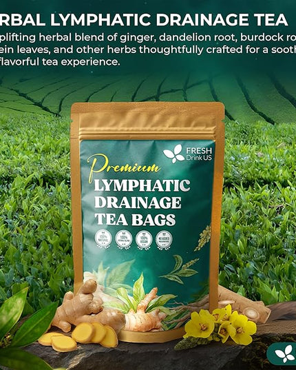 FreshDrinkUS, Lymphatic Drainage Tea | 30 Tea Bags | Herbal Tea Bags with Ginger, Dandelion Root, Burdock Root, Mullein, Calendula, Lemongrass, Rose, Licorice & Tulsi – Caffeine-Free Herbal Blend