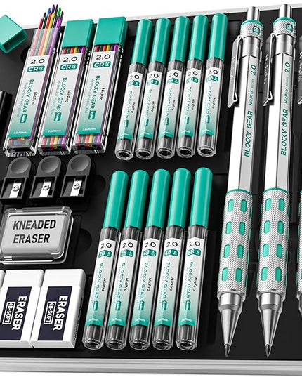 Nicpro 3 Pack Blocky Gear 2.0 mm Metal Mechanical Pencils Set with Case, Drafting Pencil with 13 Tubes 2mm Lead Refills (HB 2B 2H 4B 4H 6B & Colors), Erasers for Carpenter Writing Drawing