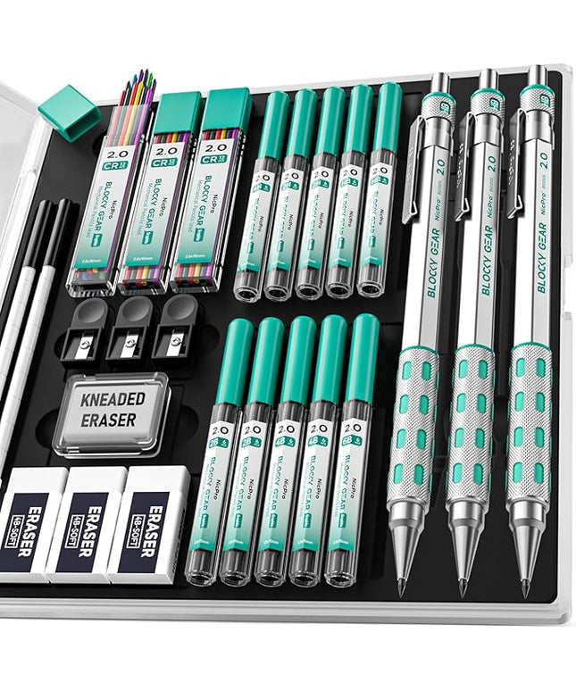 Nicpro 3 Pack Blocky Gear 2.0 mm Metal Mechanical Pencils Set with Case, Drafting Pencil with 13 Tubes 2mm Lead Refills (HB 2B 2H 4B 4H 6B & Colors), Erasers for Carpenter Writing Drawing