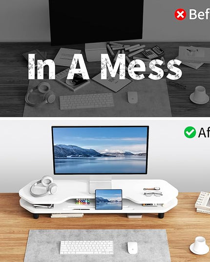2 Tier Dual Monitor Stand Riser,Wider Board Computer Monitor Stand for 2 Monitors,Slot For Phone/Tablet Office Desktop Organizer for Laptop,PC,Computer,Printer,White