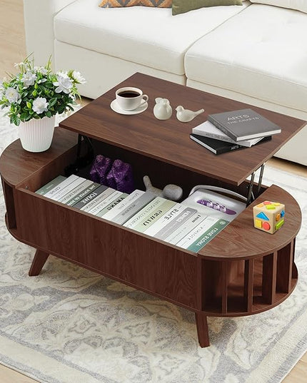 Janmer Home Small Lift Top Coffee Table with Storage, 47.3" Mid Century Modern Curved Coffee Table, Oval Center Table with Lift Tabletop for Living Room, Office (Walnut)