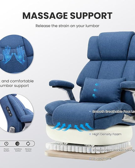 750lbs Heavy Duty Desk Chair with 3D Kneading Massage, Big and Tall Office Chairs with Ergonomic Support, 4D Armrests, 5 Quiet Dual Rubber Wheel, Thick Pocket Spring Cushion(Blue, Fabric)