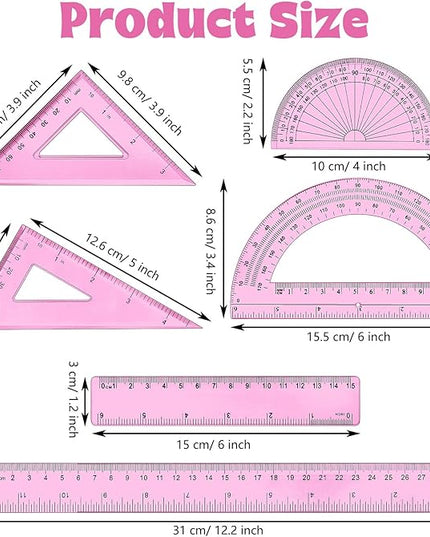 Tenare 1 Set Plastic Clear Math Set Includes Protractor Triangle Rulers 12 Inch 6 Inch Straight Geometry Math Transparent Ruler Measuring Tool for School Office Home Supplies(Pink)