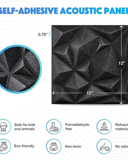 Acoustic 3D Wall Panels,12Pack Sound Proof Felt Panels for Interior Wall Décor, Hollow Sound Absorbing Panel for Studio, Living Room, Home, Hotel, 12''x12'' Cover 24 sq ft (Black, 12 Pack)
