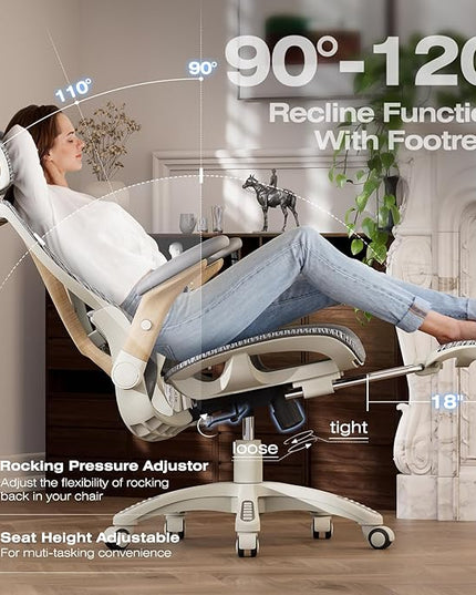 ELABEST X100 Ergonomic Office Chair with Footrest, Big and Tall Home Desk Chair with 5D Flip-Up Arms, Adjustable 3D Lumbar Support,High Back Rolling Computer Chair, Swivel Mesh Chairs (Foggy Morning)