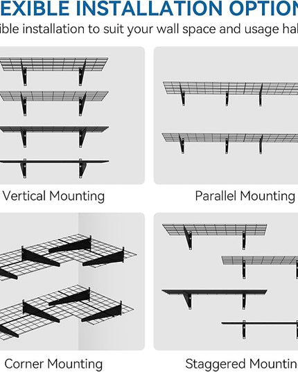 2-Pack 1x6ft Garage Wall Shelving, 12"x72" Shelf Storage Rack Floating Shelves Wall Mounted, Heavy Duty Storage Shelves, 800lbs Load Capacity, with 16 Hooks for Garage Organization, Black