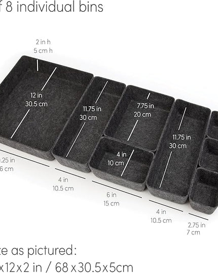 Three by Three Seattle Felt·Like·It! Felt Bins for Office, Crafts, Classroom, Living Room, Bedroom: Charcoal, Set of 8
