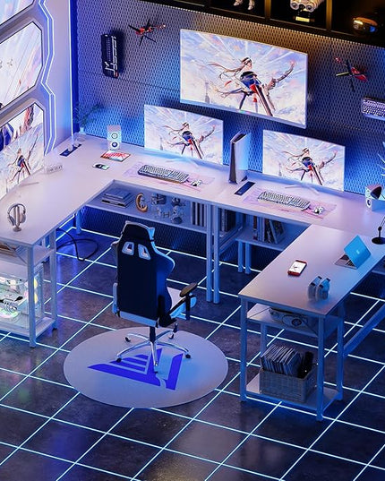 Unikito Reversible L Shaped Computer Desk with Magic Power Outlets and USB Charging Ports, Sturdy Corner Desk with Storage Shelves, Durable Work Desk for Home Office, Easy to Assemble, White