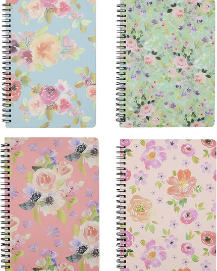 Yansanido Spiral Notebook, 4 Pcs A5 Thick Flower Design Hardcover 8mm Ruled 4 Color 80 Sheets -160 Pages Journals for Study and Notes (flower)