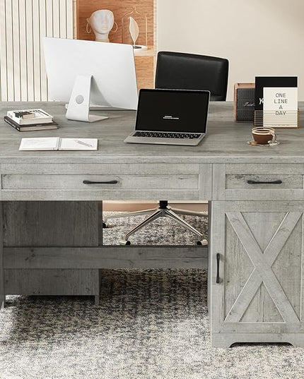 Vabches Farmhouse 51" Executive Desk,Computer Desk with Drawers and Storage Cabinet, Workspace for Home Office and Study.Grey